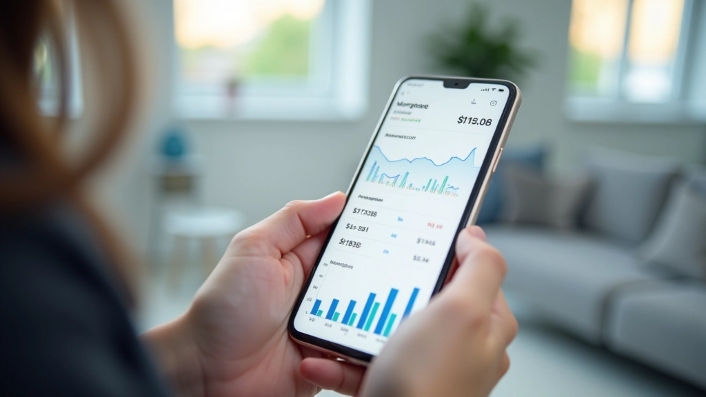 Mobil s aplikací hypotečního kalkulátoru na obrazovce, finanční údaje a grafy viditelné