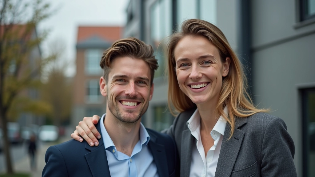 Mladý pár s realitním agentem před nemovitostí, všichni se usmívají