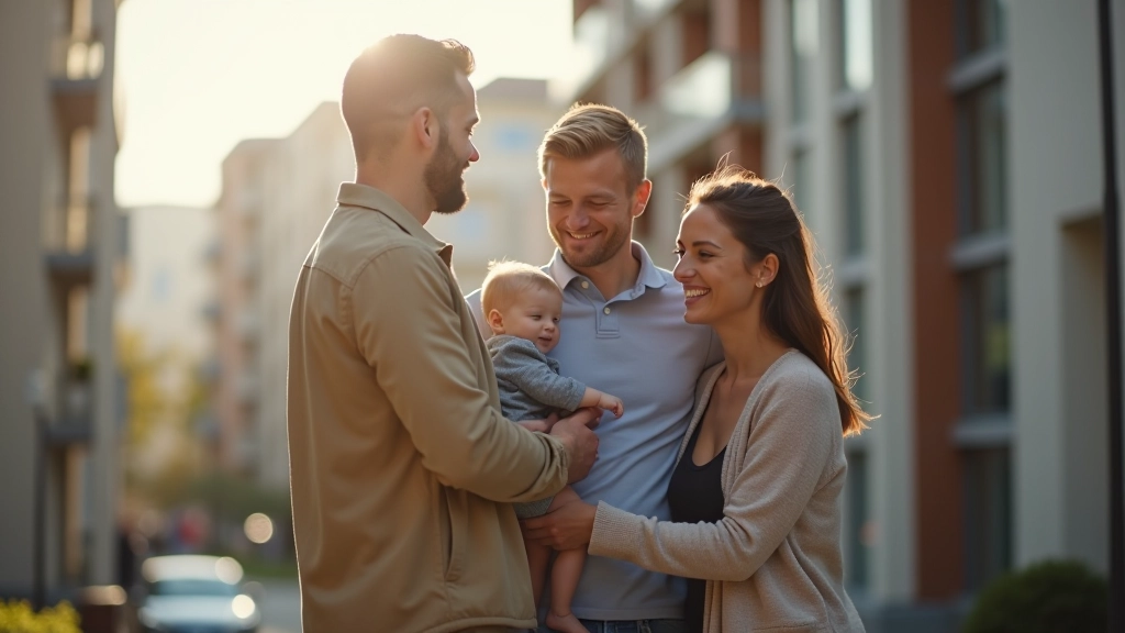 Mladá dvojice stojí s chlapcem před novým bytem, radostně se dívají na své nové bydlení