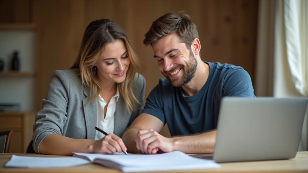 Muž a žena sedí u stolu s kalkulačkou a dokumenty, plánují nákup bytu