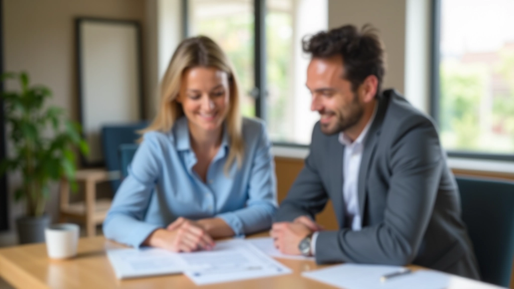 Muž a žena sedí u stolu s notebookem a papíry, diskutují o finančním plánu na koupi bytu