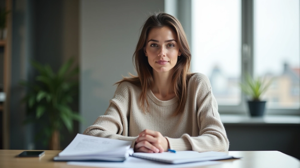 Žena sedí u psacího stolu se notebookem, čte dokumenty o hypotékách a bytě