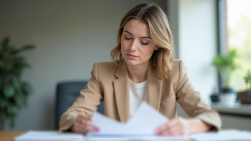 Žena v kancelářském oblečení prohlíží dokument s návrhem nemovitosti u stolu